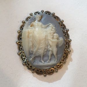 Vintage brooch. Baby blue, white, gold.